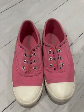 Mini Boden Pink Canvas Slip-On Sneakers with Multicolor pom Accents UK 36 us 4